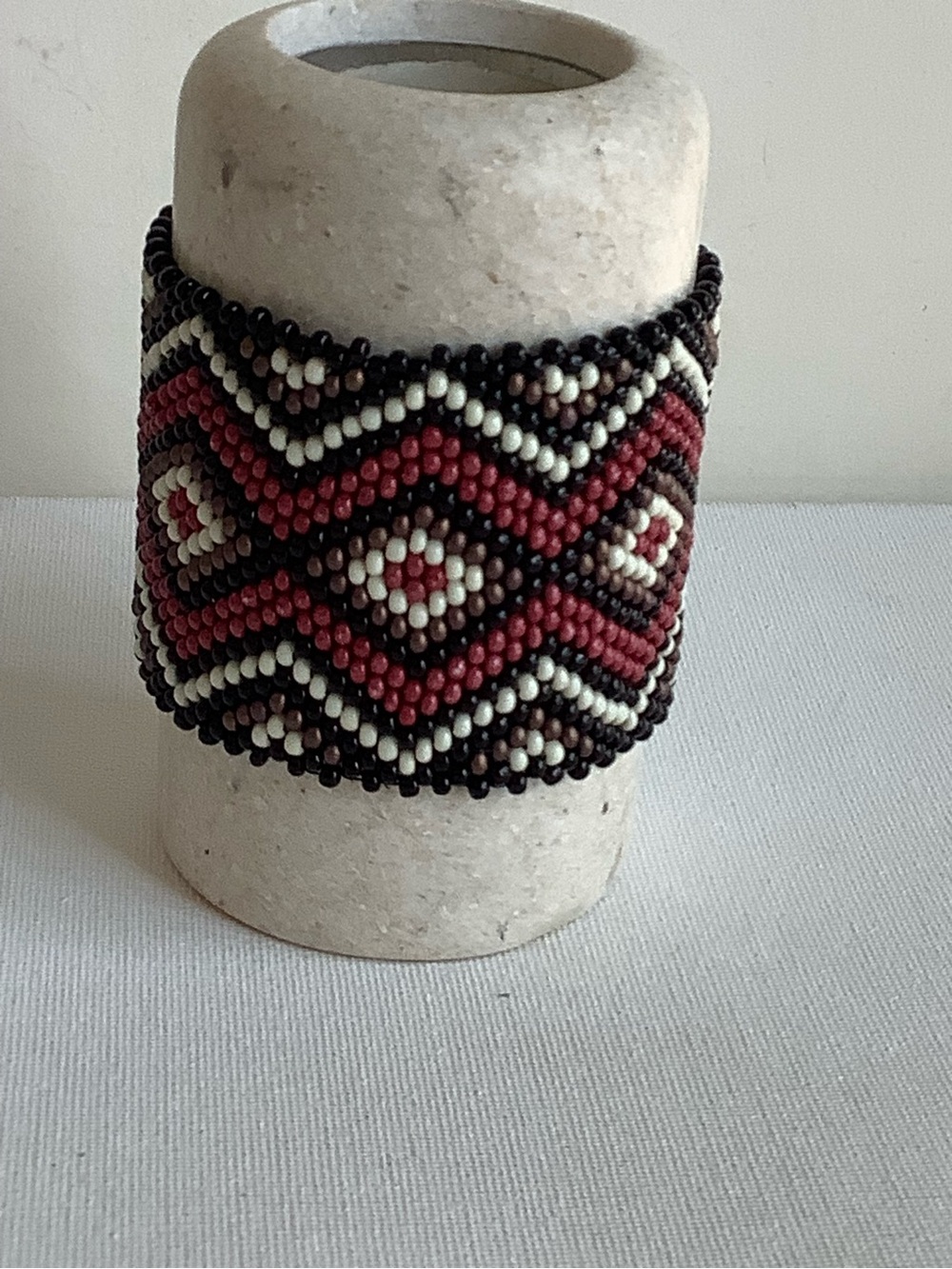 Handcrafted Beaded Cuff Bracelet — Black, Red & Cream